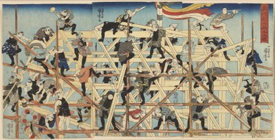 Children Setting up the Framework of a Storehouse by Utagawa Kuniyoshi